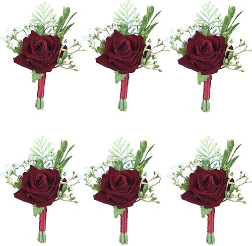 6 unids/lote Novio Boutonniere Hombre Mujer Novia Muñeca Ramillete Artificial Boda Flores Decoración Fiesta (Rojo Vino, Boutonniere) Rojo