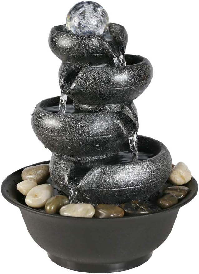 BBabe Flowing Pot Table Waterfall Fountain 11 2/5", 4 Tier Indoor Fountain Zen Meditation Waterfall with Ball LED Light for Home Office
