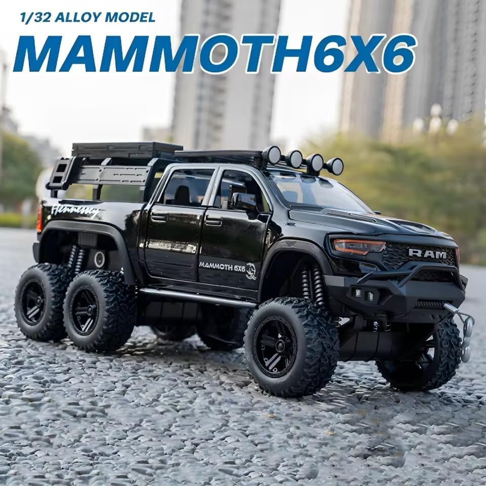 Image of 1:32 6x6 Scale Dodge Tyrannosaurus Rex RAM 1500 TRX Diecast Car Models Toys Metal Alloy 4 Openable Door and Sound & Light, Pull Back Toys Gifts for Boys Best Gift Car (Color As Per Stock)