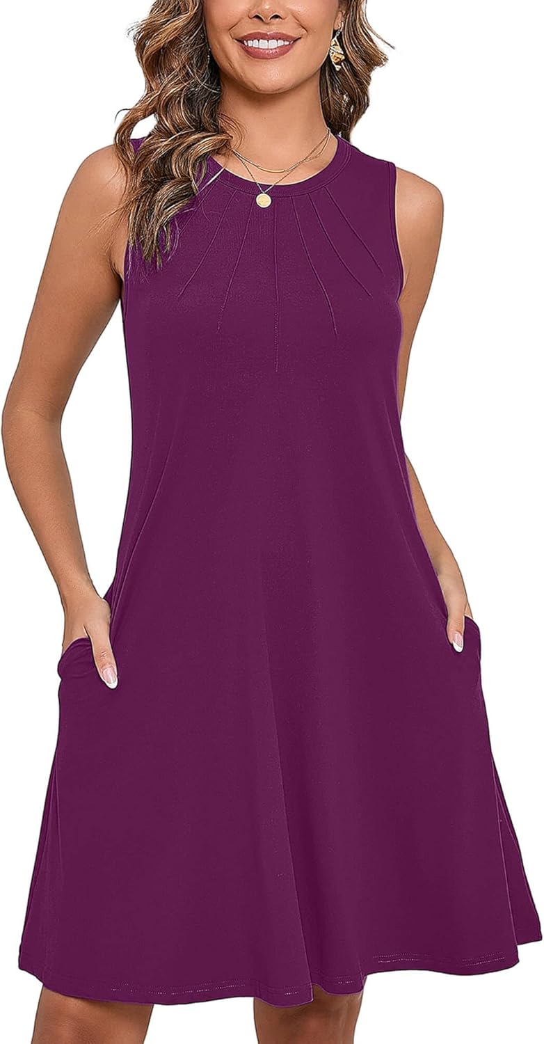 Heymoments Women’s Summer Sleeveless Crew Neck Midi Dresses Casual Loose Fitted Tank Sundress with Pockets