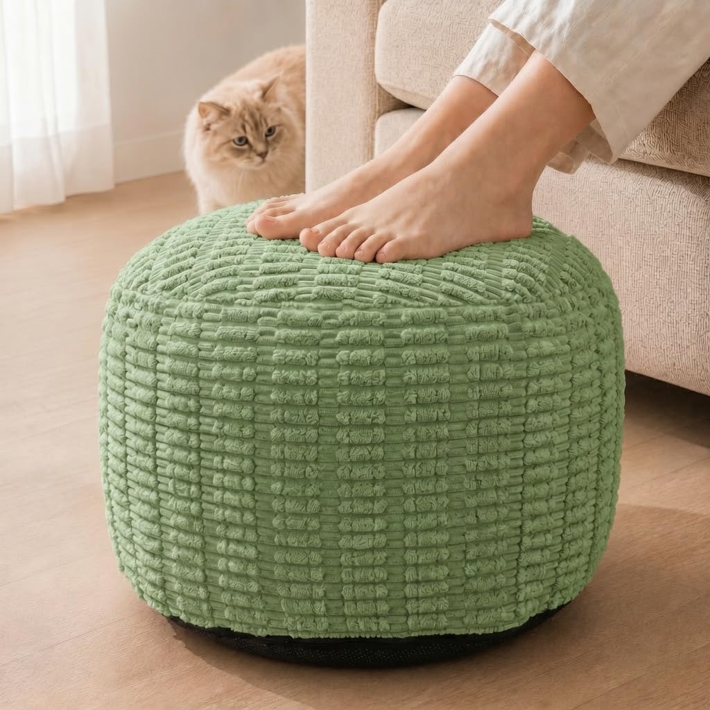 Round Pouf Ottoman, Sage Green, 20"x13", Corduroy Foot Rest