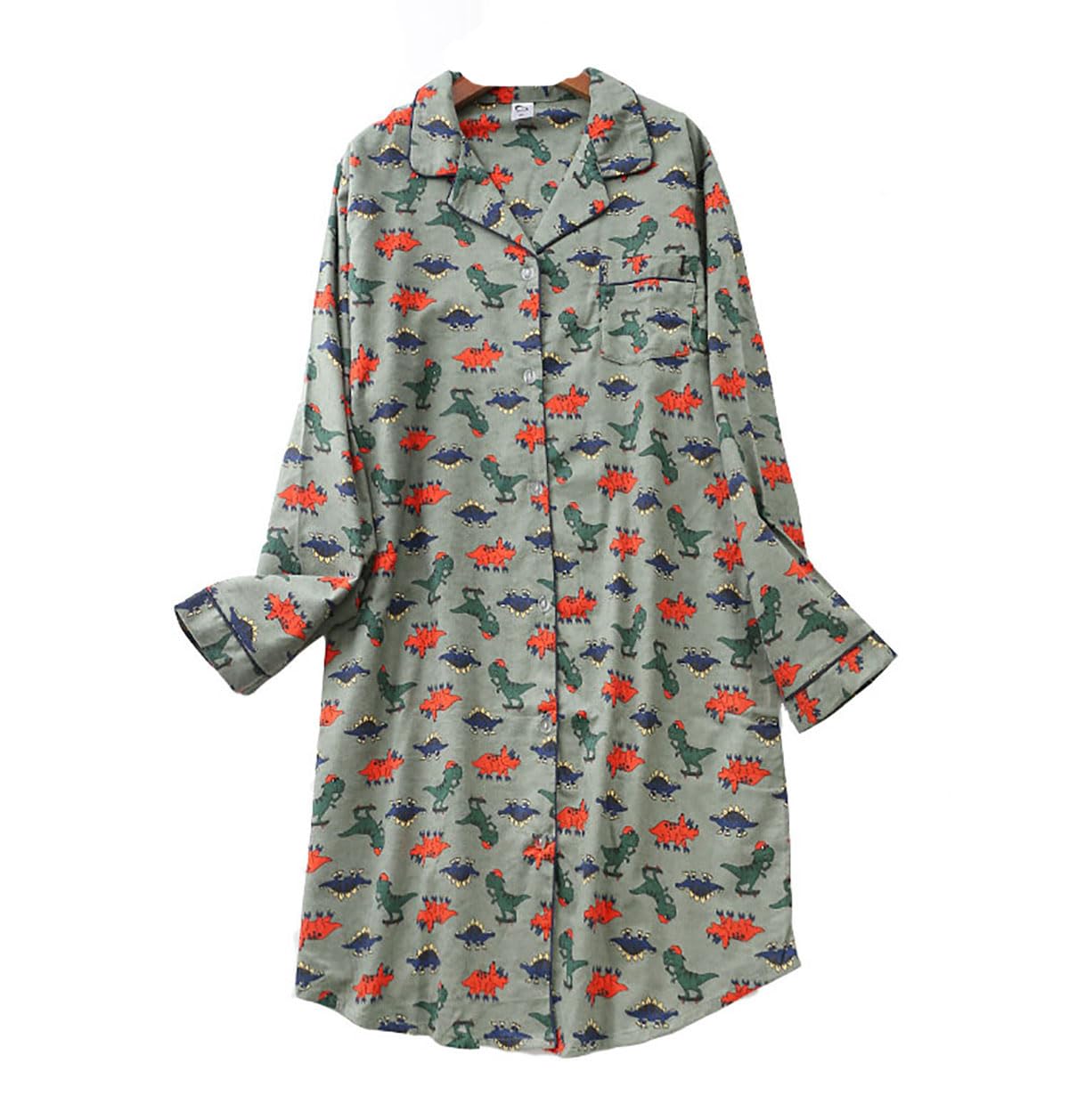Womens Nightshirt Long Sleeve Cotton Pyjamas Women Button Down Nightdress Sleepwear Nightshirts Grey