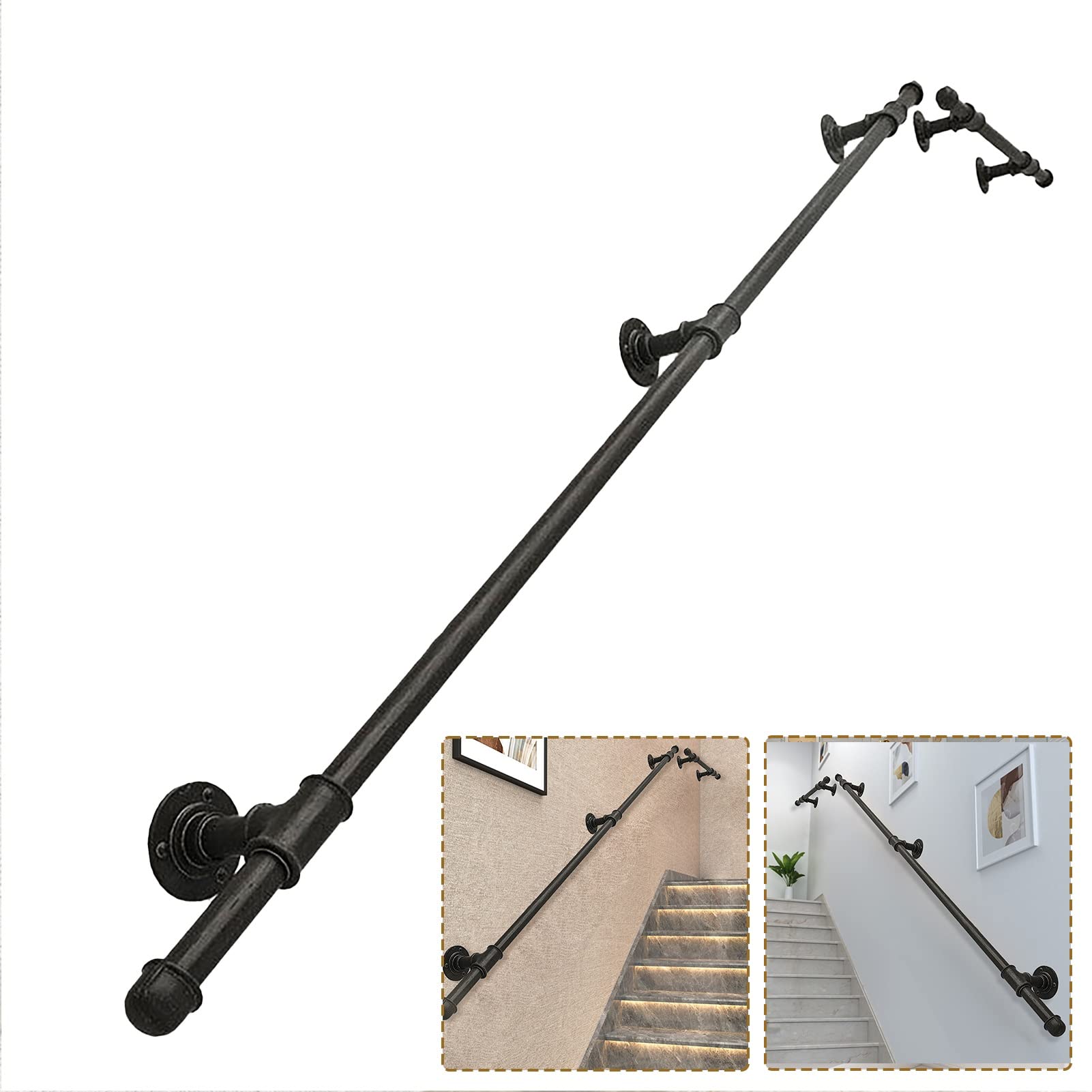 4ft (120cm) Black Metal Stair Handrail Kit - Square Wrought Iron Wall Mount Brackets For Indoor/Outdoor Safety