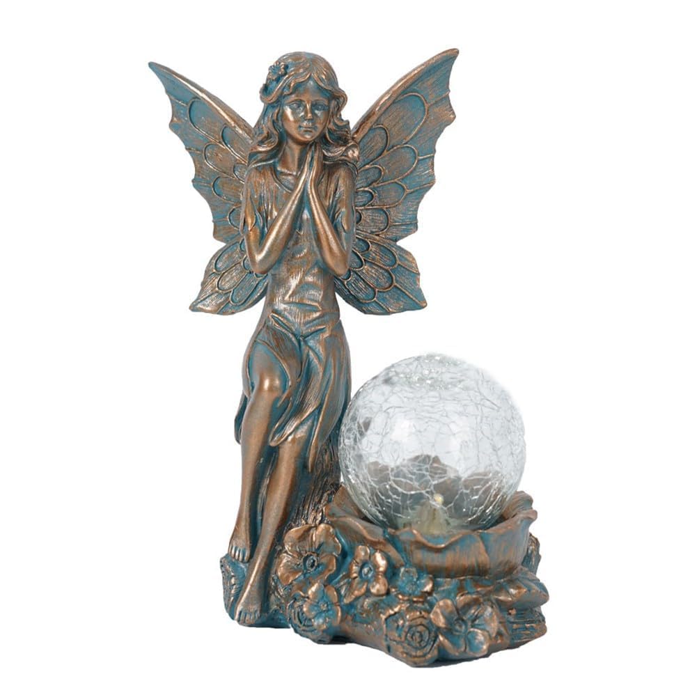 WOGAZOBOT Solar Garden Figure Fairy with LED Light, Weatherproof Resin Statue in Bronze for Outdoor Decoration, Automatic Solar Light for Garden, Yard and Lawn
