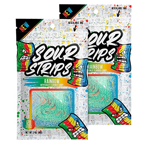 Image of SOUR STRIPS Rainbow Flavored Sour Candy Strips | Deliciously Sour Chewy Candy Belts | Vegetarian Candies, 12 Strips per Pack, 2 Pack, 3.7 ounces