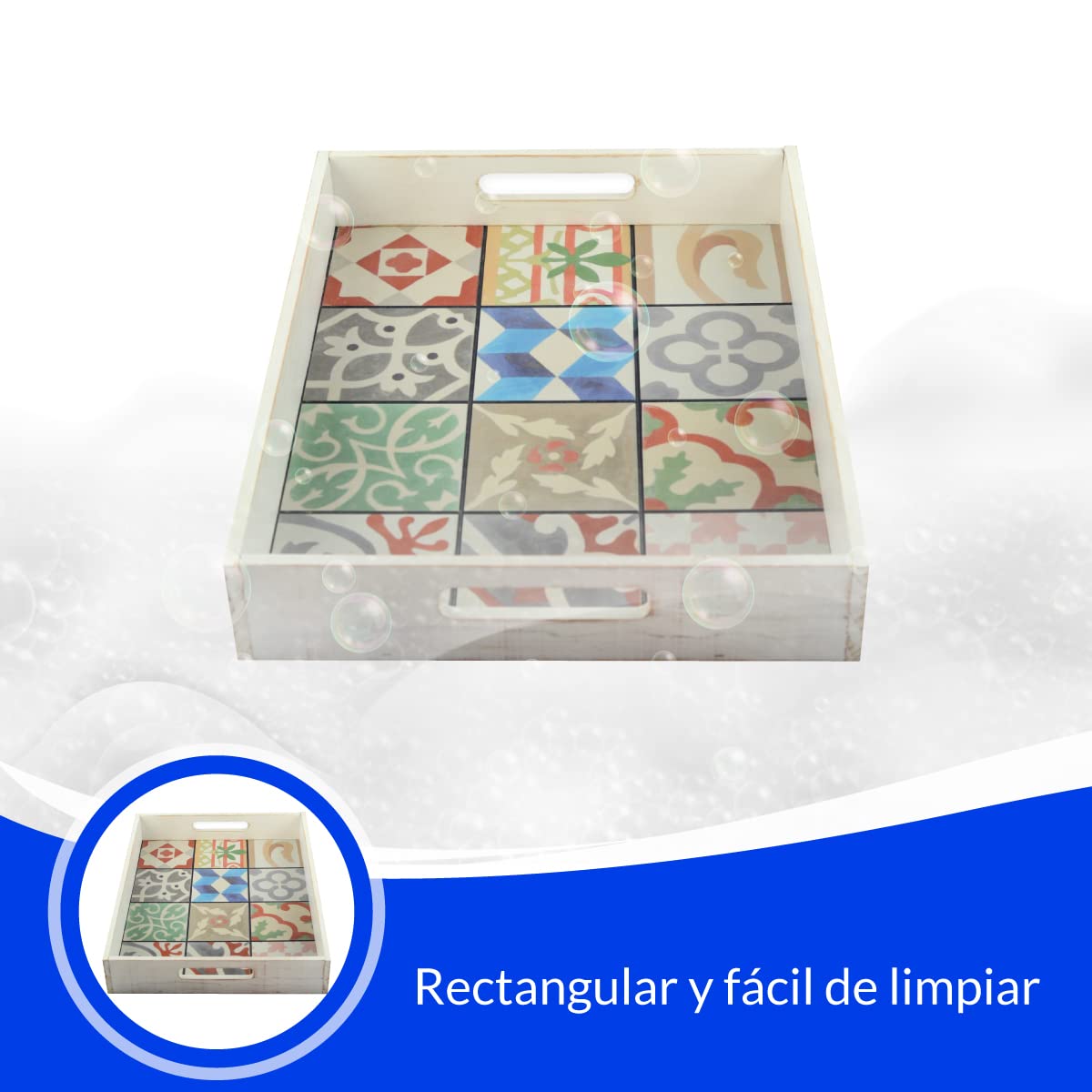 Bandeja para Servir Comida con Asas - Rectangular con Base Hidráulica - 45 x 36 x 7 cm - Ideal para Aperitivo y Desayuno en la Cama - Fabricada en España - Hostelnovo