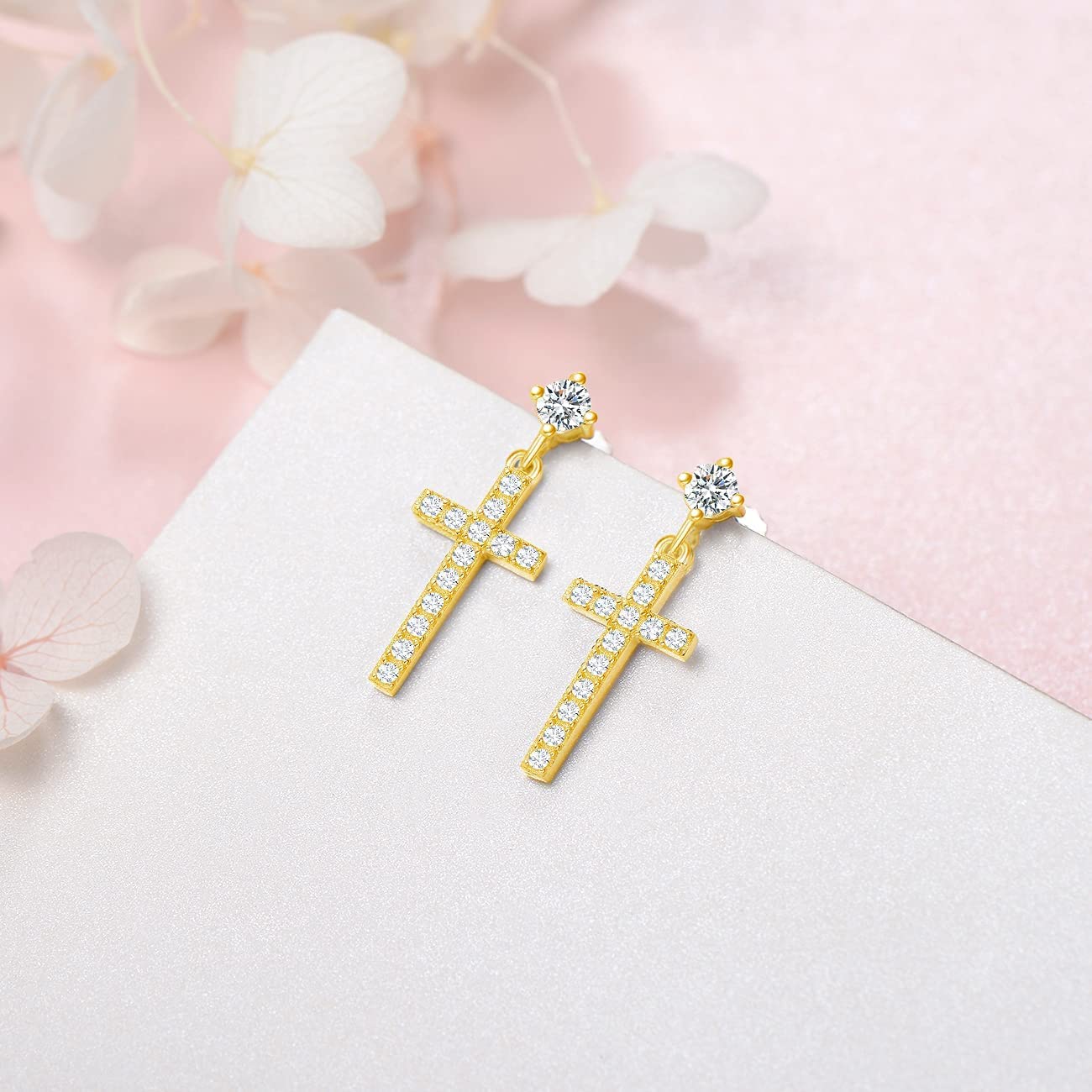 Boucle d'oreille Croix Pendantes en Argent Sterling 925/1000 Plaqué or Blanc/Jaune avec Zircone Cubique Petite Bijoux pour Femme Fille Enfant - Dimension: 22 * 10 mm