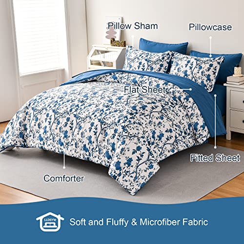 Image of Comforter Set for Queen Bed -7 Pieces Bed in a Bag Soft Microfiber Bed Set Blue Leaves Floral Pattern on White Spring Queen Comforter Sets with Sheets for All Seasons (Queen, Blue)