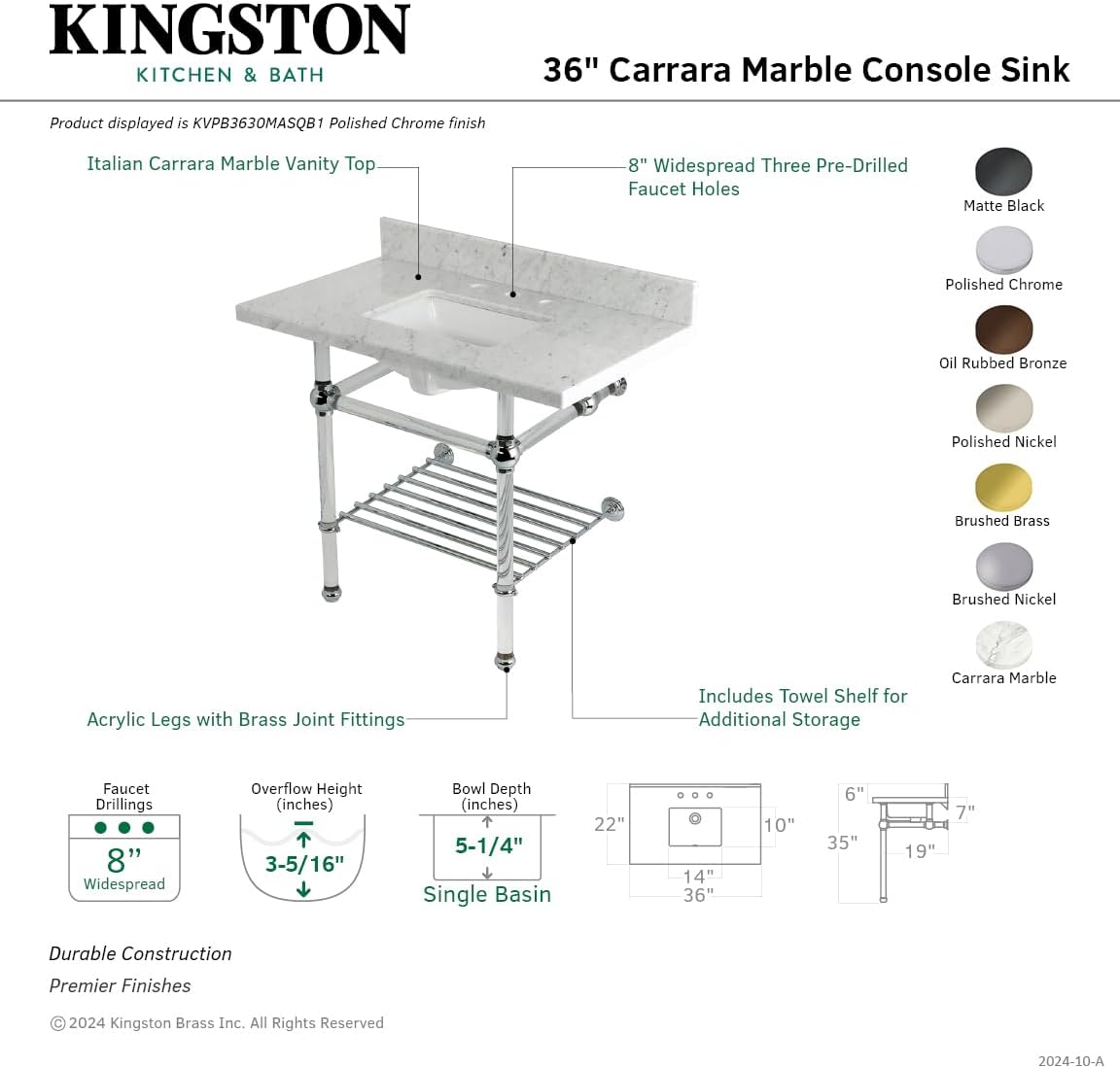 Kingston Brass KVPB3630MASQB1 Templeton 36" Console Sink with Acrylic Legs (8-Inch, 3 Hole), Carrara Marble/Polished Chrome