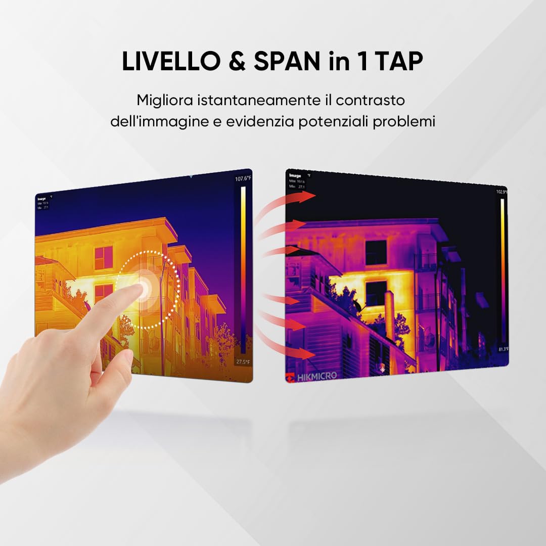 HIKMICRO Telecamera termica da PocketC con risoluzione IR di 256 x 192 pixel e camera visiva da 8MP, 25 Hz, scanner termico con schermo touch da 3,5 pollici, IP54, -20℃~400℃, senza WiFi