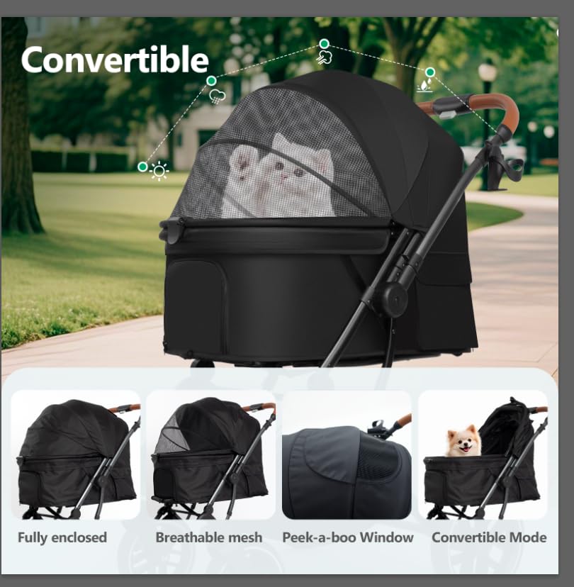 Pet Stroller for Small/Medium Dogs & Cats Up to 50 lbs,4 Wheels Foldable Pet Stroller with Reversible Handle, Removable Pad, Cup Holder,Storage Basket (Black) - Image 8