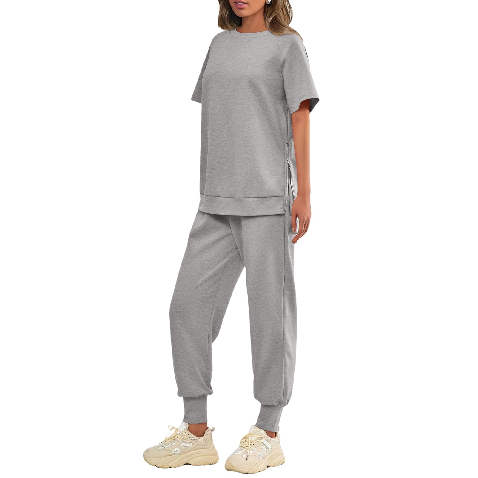 amropi Femmes Été Survêtement de Sport Manches Courtes Ensemble de Haut Fendu et Pantalon de Jogging