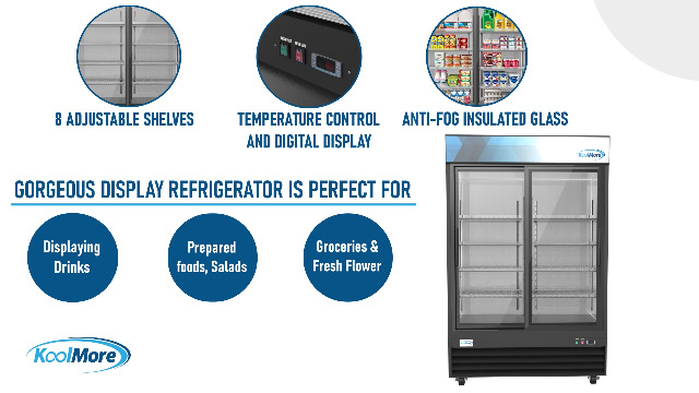 Image of KoolMore MDR-2D-GSLD Commercial Glass 2 Door Display Refrigerator Merchandiser - Upright Beverage Cooler with LED Lighting - 45 Cu. Ft., Black