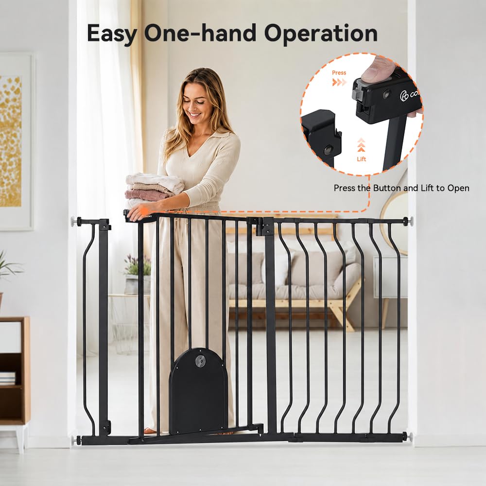 COMOMY Barrera Seguridad Niños para Puertas y Escaleras, 75 a 123cm Ultra Ancho Puerta Seguridad Bebe con Puerta Ajustable para Gatos, Barrera Seguridad Niños Escalera (Negro)