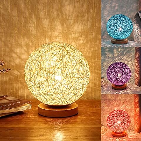 LED Nachttischlampe Sphärische Kugellampe, Holz Rattan LED Tischlampe mit Fernbedienung Cover