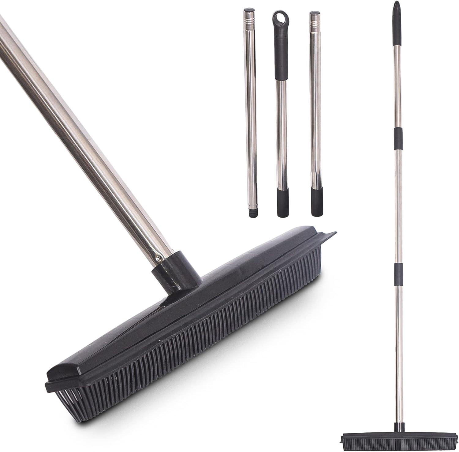 Meown Extendable Rubber Broom - Scratch Free Bristles - Use Wet or Dry - Indoor & Outdoor Use - Use to Remove Hair, Lint, Dirt, Water, Dust, Spills, Leaves & Debris from Lawns (Black)