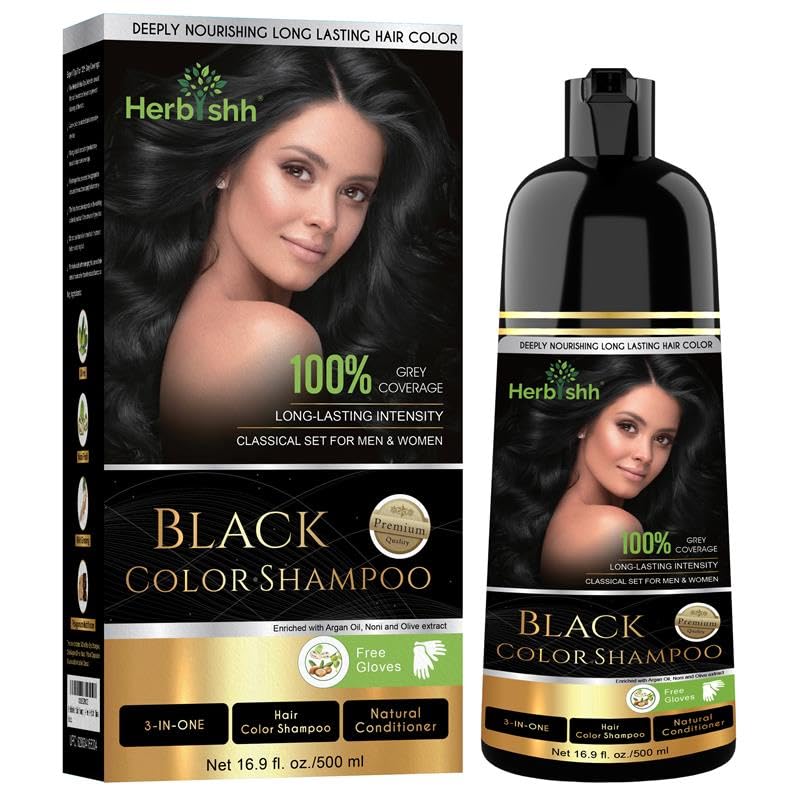 Herbishh Hair Color Shampoo Black (500ml) with 1 Pair of Gloves | Hair & Beard Dye for Men & Women | 3-in-1 Permanent Dye with 100% Grey Coverage Upto 3 Weeks | Long Lasting Salon Like Hair