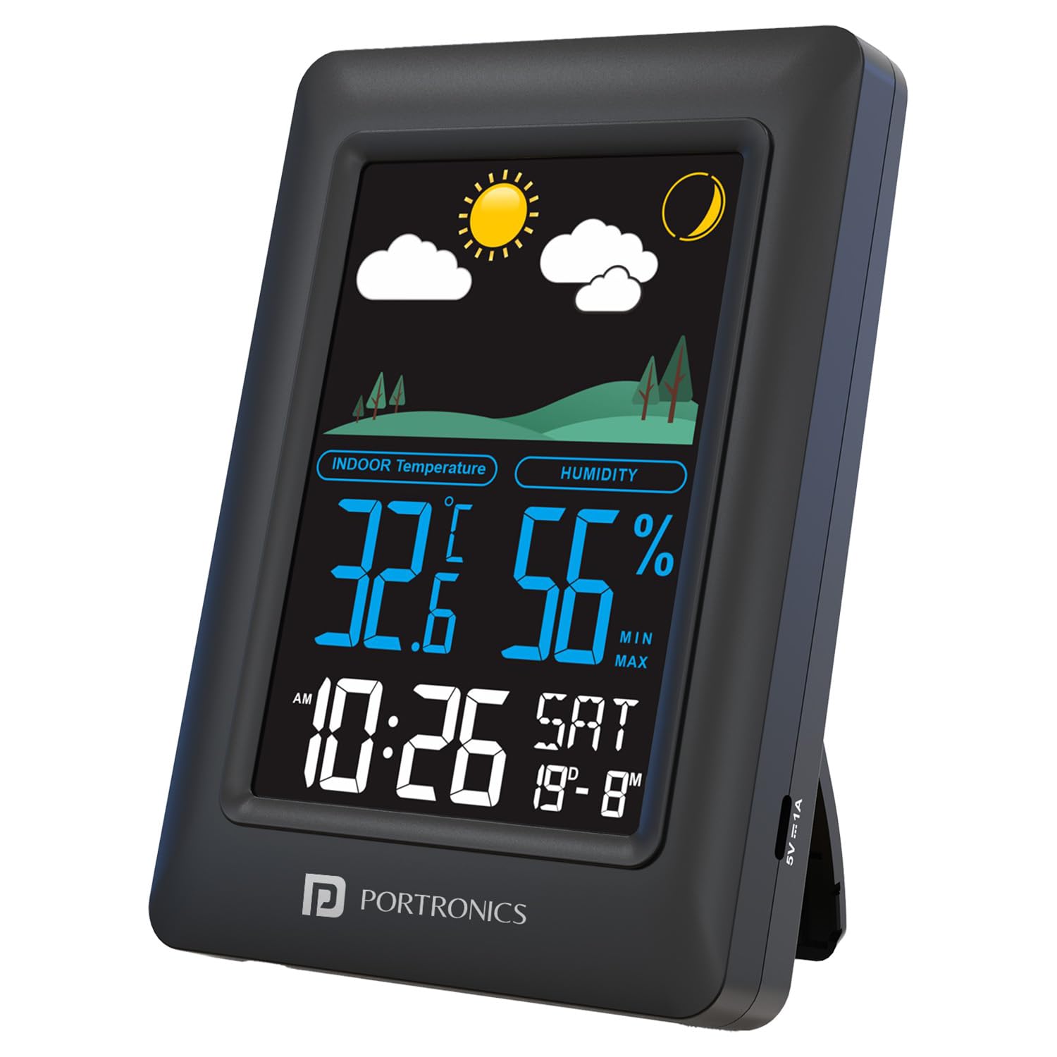 Portronics Meteo Digital Weather Station Clock showing indoor temperature and humidity monitoring with weather and lunar phase display