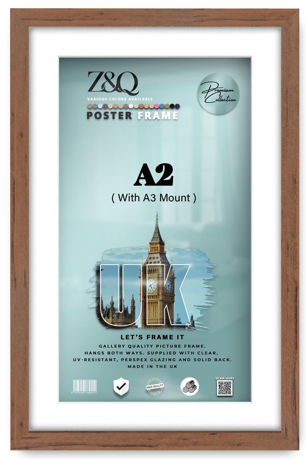 Z&Q - Flat Versatile MDF Wood FinishA2 (41.90 x 59.40 cm) Poster Frame with A3-(29.70 x 41.90 cm) White Mount for Art Gallery 23 x 16 Inch Wall Décor & Room Display [ Walnut ]