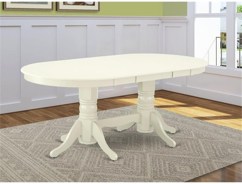 BOWERY HILL Oval Traditional Wood Dining Table, Linen White Finish, 30" H x 40" W x 77" D, Hardwood Construction, Self-Storage Butterfly Leaf, Double Pedestal Base, Beveled Dining Room Table