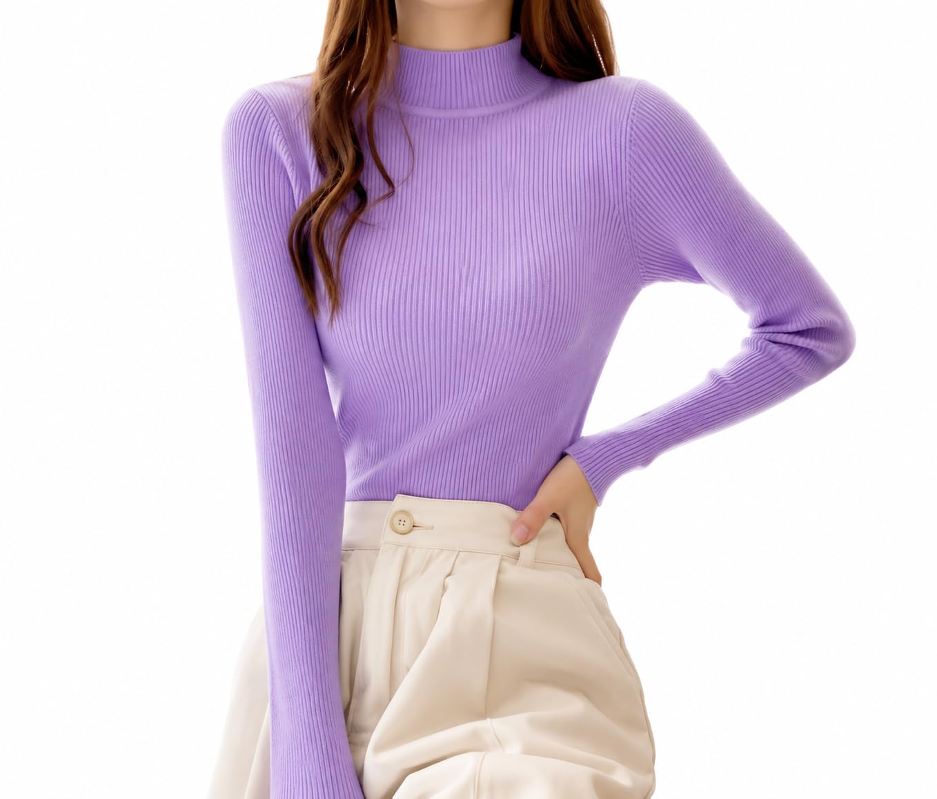 Women's Mock Neck Ribbed Knit Sweater, Long Sleeve, Lavender-image-26