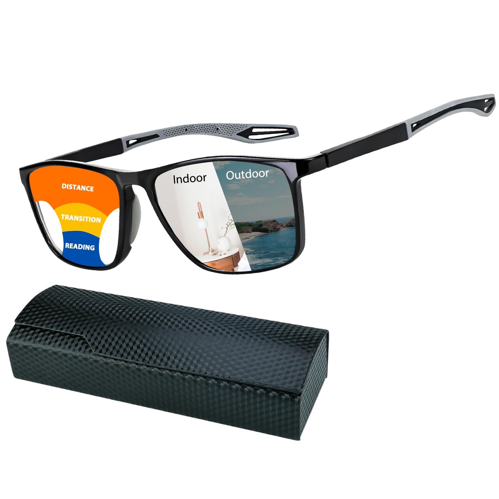 K.LAVER Photochromic Progressive Multifocus Reading Glasses Blue Light Blocking Multifocal Readers Spring Hinge Sunglasses