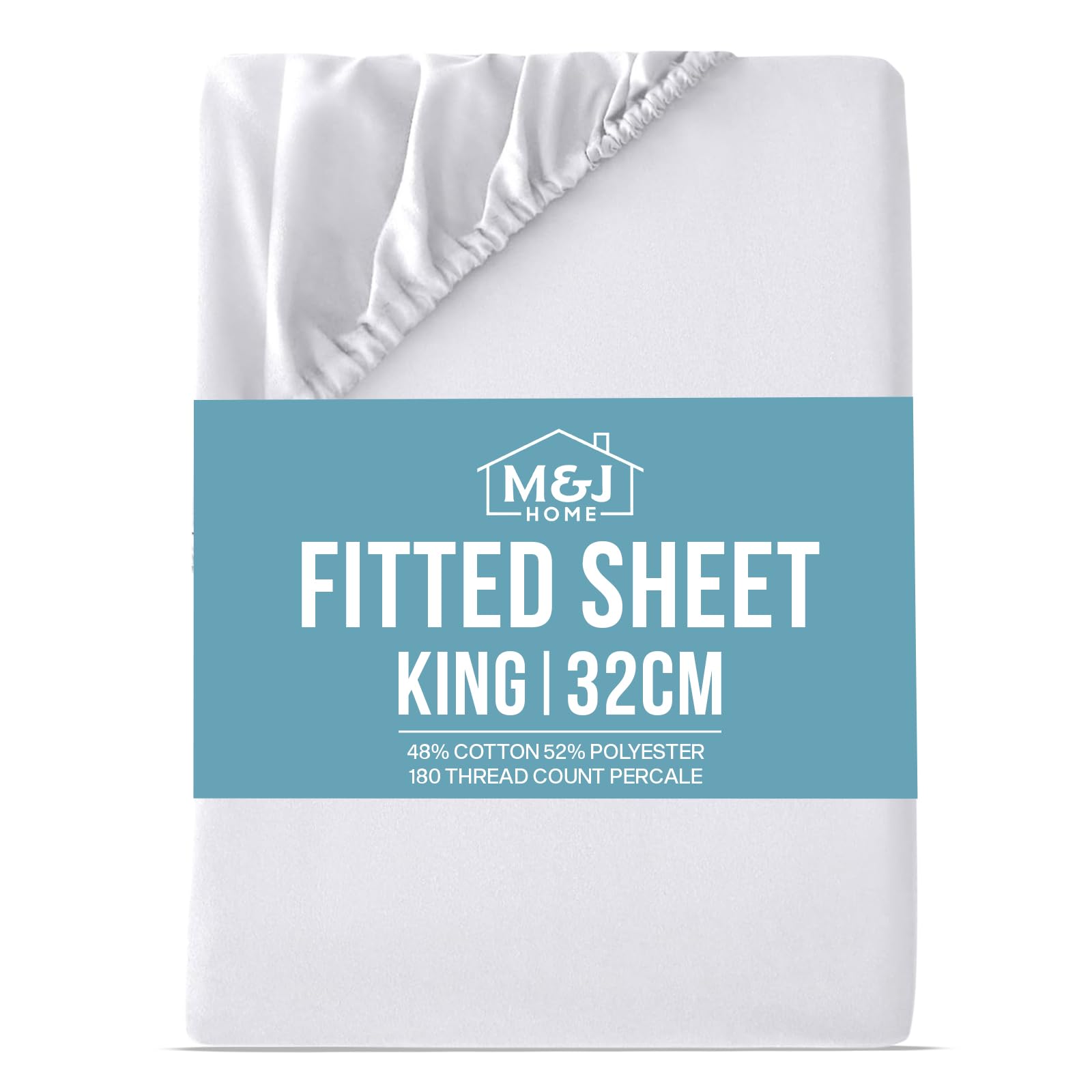 M&J Home King Fitted Sheet White - Extra Deep 32cm Pocket - Fits 150x200cm Mattress - 180TC Polycotton Percale - 48% Cotton 52% Polyester - Machine Washable