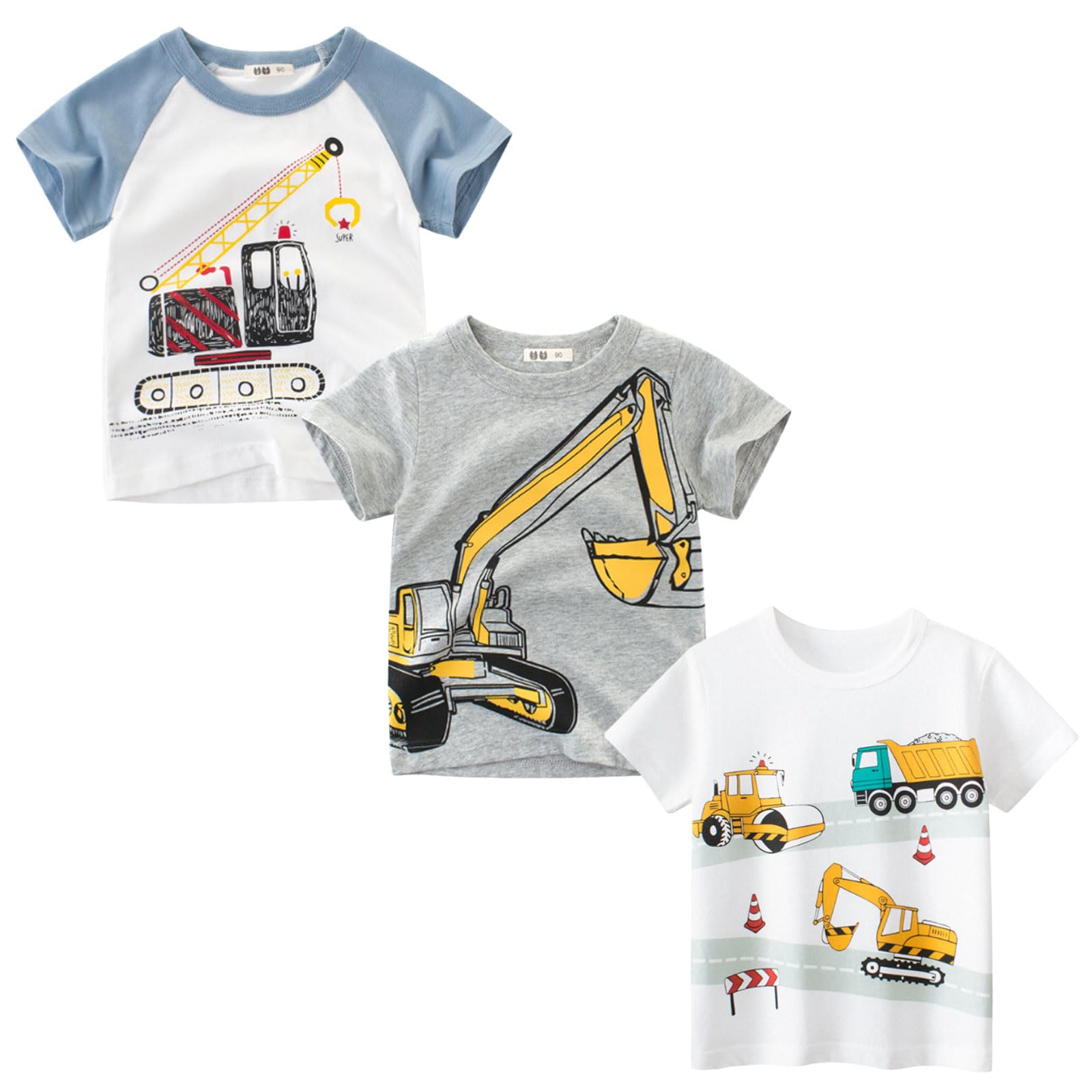 Tshirt Kinder Jungen Kurzarm Cartoon Bagger T-Shirt 3er-Pack Kleinkind Jungs Baumwolle Atmungsaktiv Sommer Oberteile 2-7 Jahre