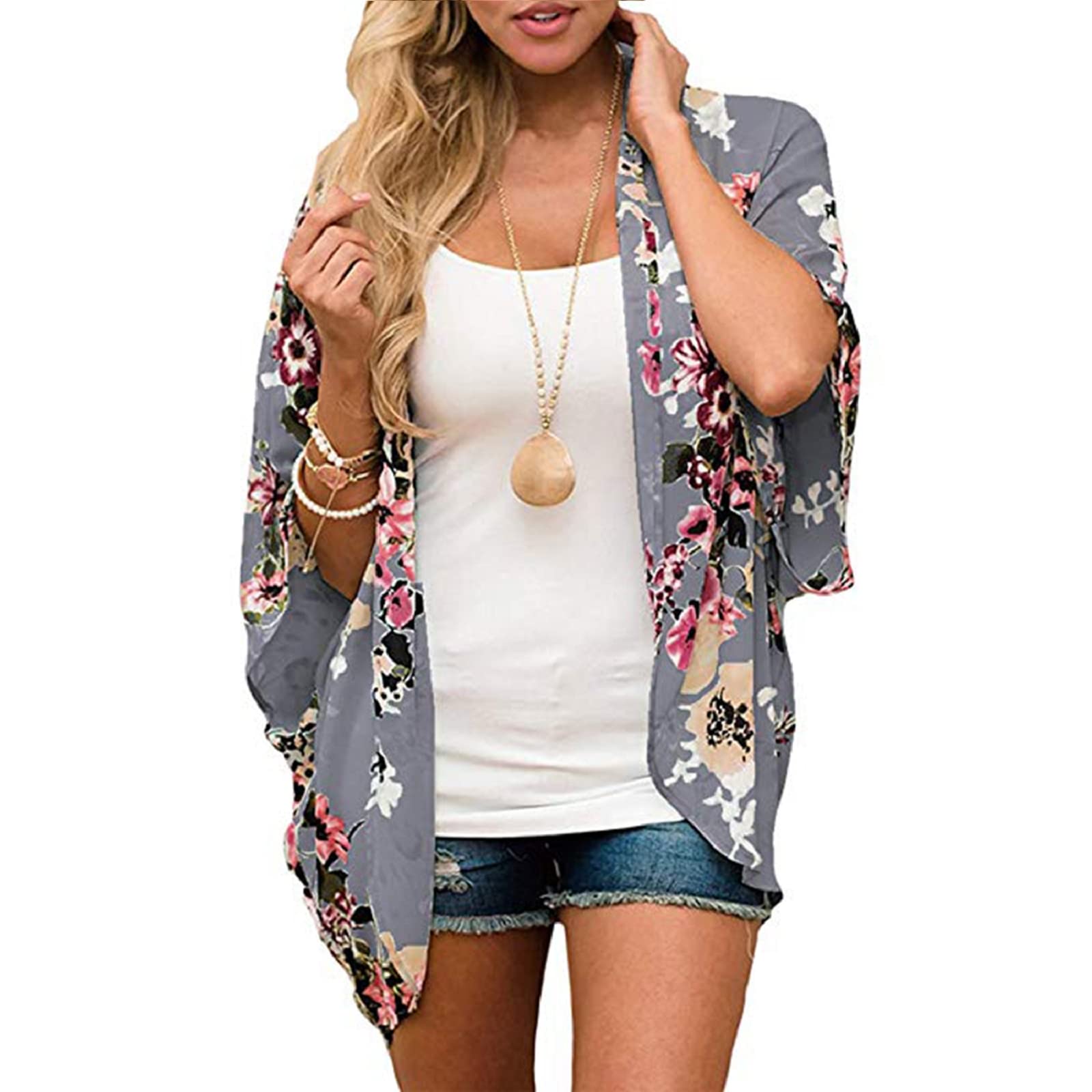 Jarseila Cárdigan Kimonos Mujer Corto Pareos Playa Casual 3/4 Tops Blusa Gasa Cárdigan Floral Bikini Cover Up Blusa Informal Top Verano 2024