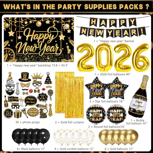 New Years Decorations 2026, Black Gold New Years Eve Party Supplies Includes Backdrop Banner Photo Booth Props Foil Balloons Fringe Curtain Confetti Balloons, Happy New Year Decorations - Image 4