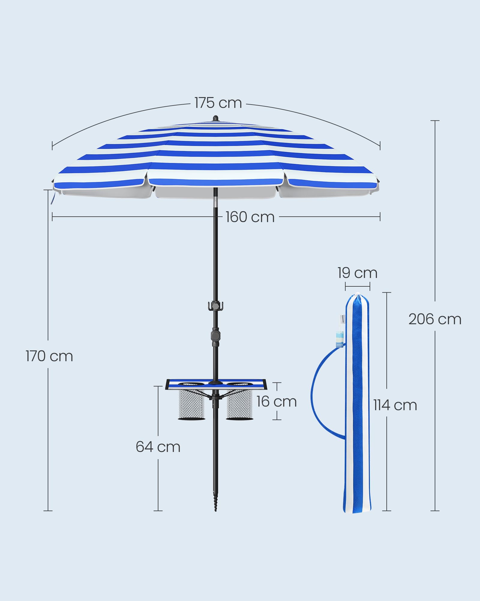 SONGMICS Parasol 160 cm, parasol plażowy, ochrona przeciwsłoneczna UPF 50+, składane boki 30°, regulacja wysokości, schowek, haczyki, nadaje się na plażę, bez stojaka, niebiesko-biały GPU0080Q02