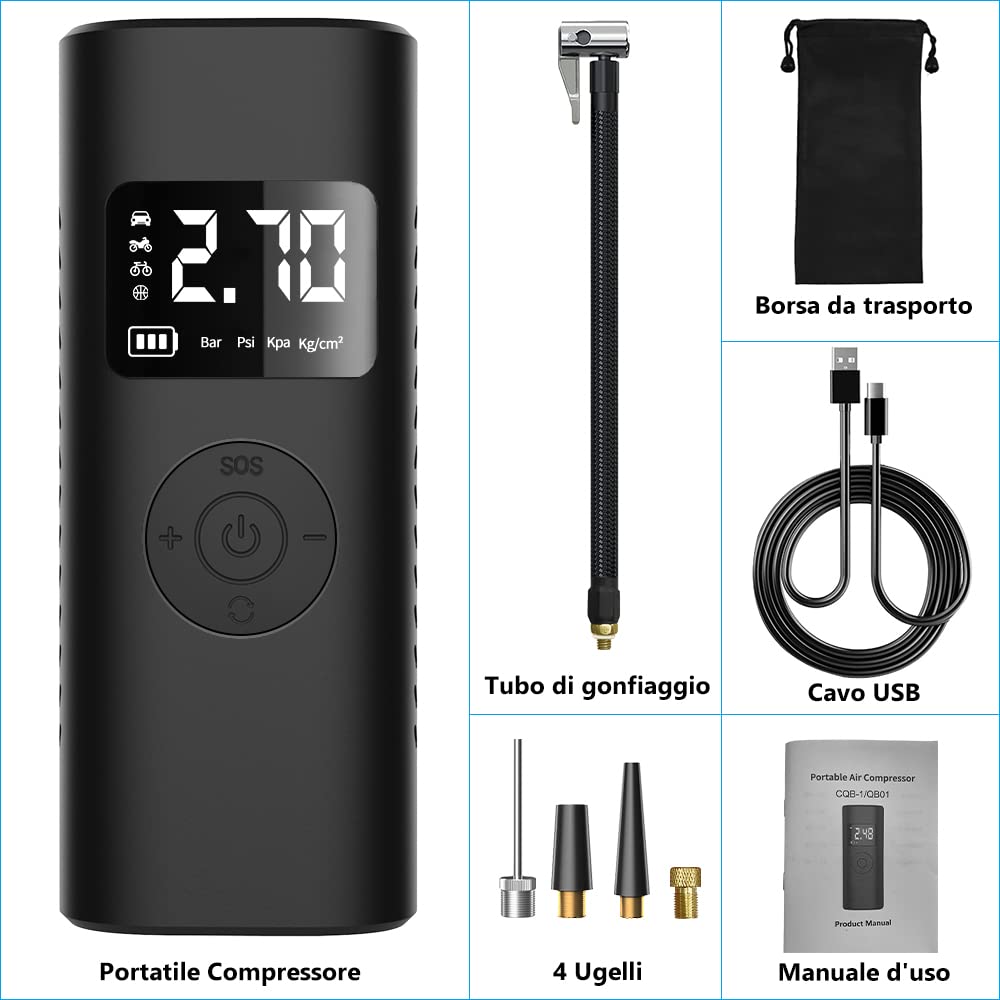 7800mAh Mini Compressore Aria Portatile Auto per Pompa Elettrica per Bicicletta, Auto, Moto, Monopattino,Palloni