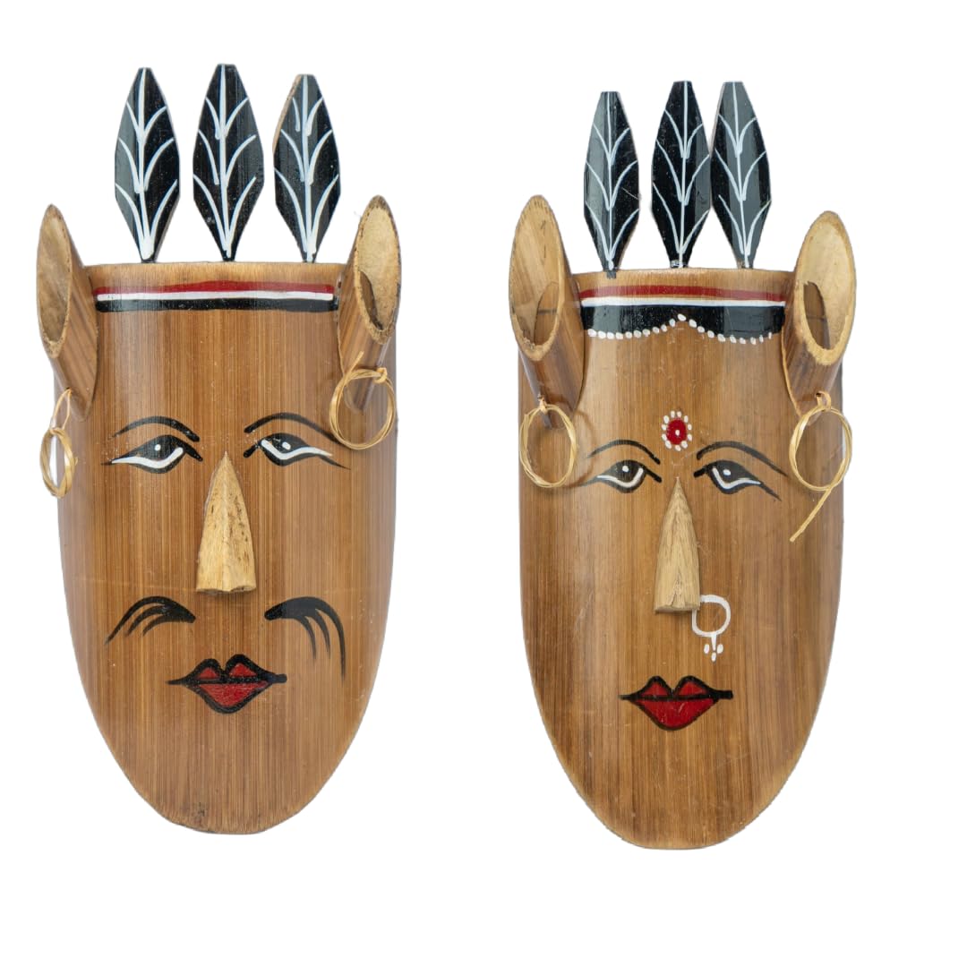JUNSU CRAFT Handmade Bamboo & Wood Tribal Naga Face Mask Wall Hanging – Male & Female Sculpture Set | 10.75 x 5 Inch Ethnic Idol Art for Home & Office Wall Décor | Traditional Handicraft Showpiece-image-9