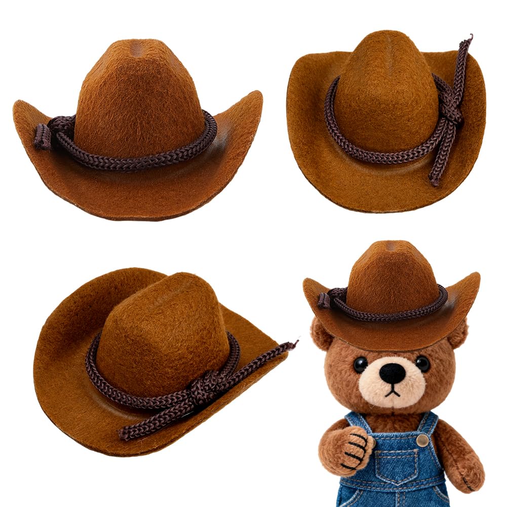 DICOSMETIC 4Pcs Miniature Cowboy Hat Dollhouse Cowboy Hat 1:12 Scale Mini Soft Hats Cute Brown Tiny Hats for Cake Topper Doll Dress Up Dollhouse Decoration Party Accessories