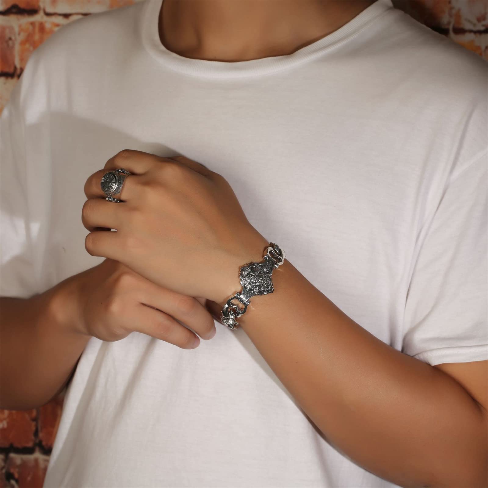 S925 Sterling Silver Men's Lion Head Bracelet, Viking Retro