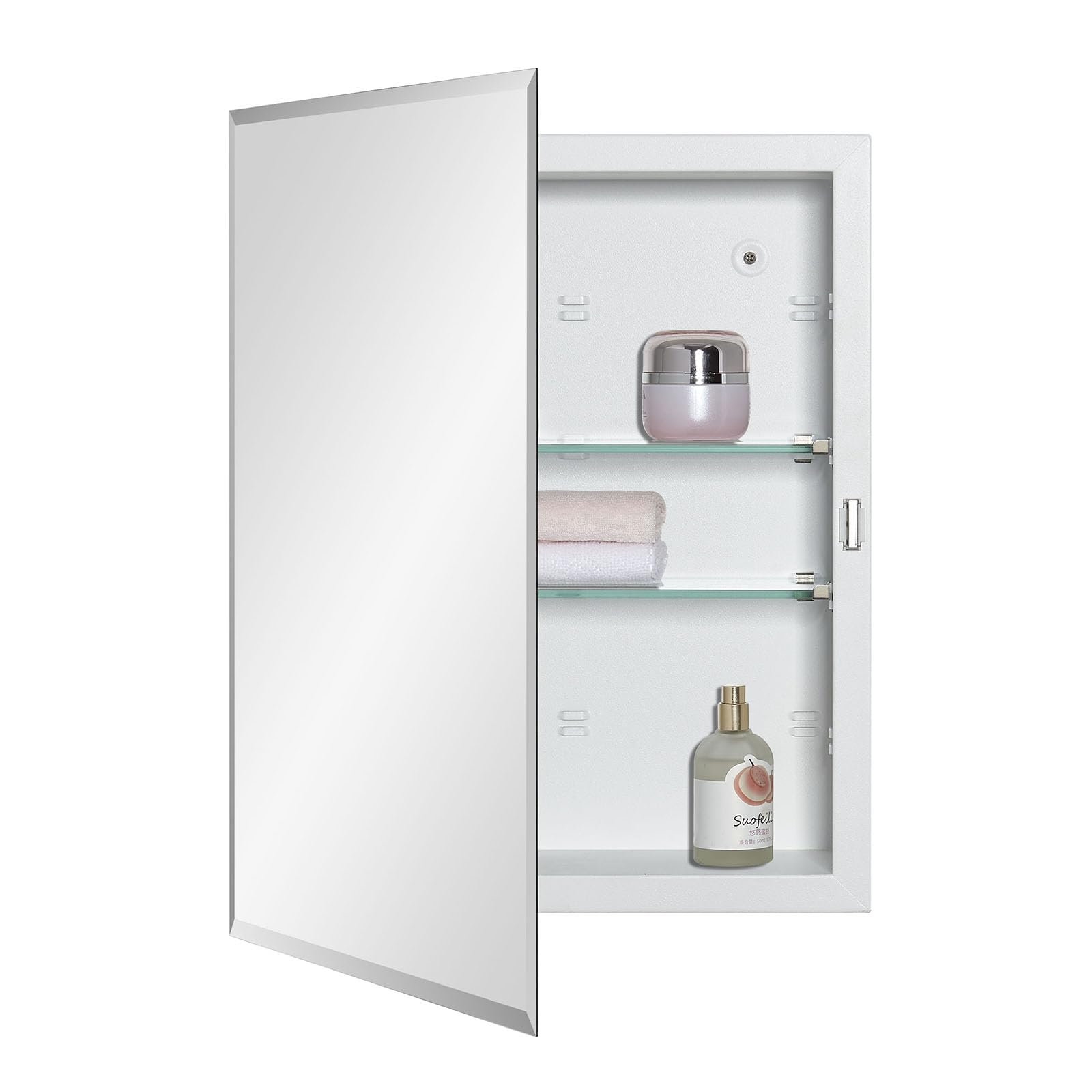 Bathroom Medicine Cabinet with Beveled Edge Mirrored Door 14 x 18 inch, Recessed or Surface Mount, with Adjustable Glass Shelves