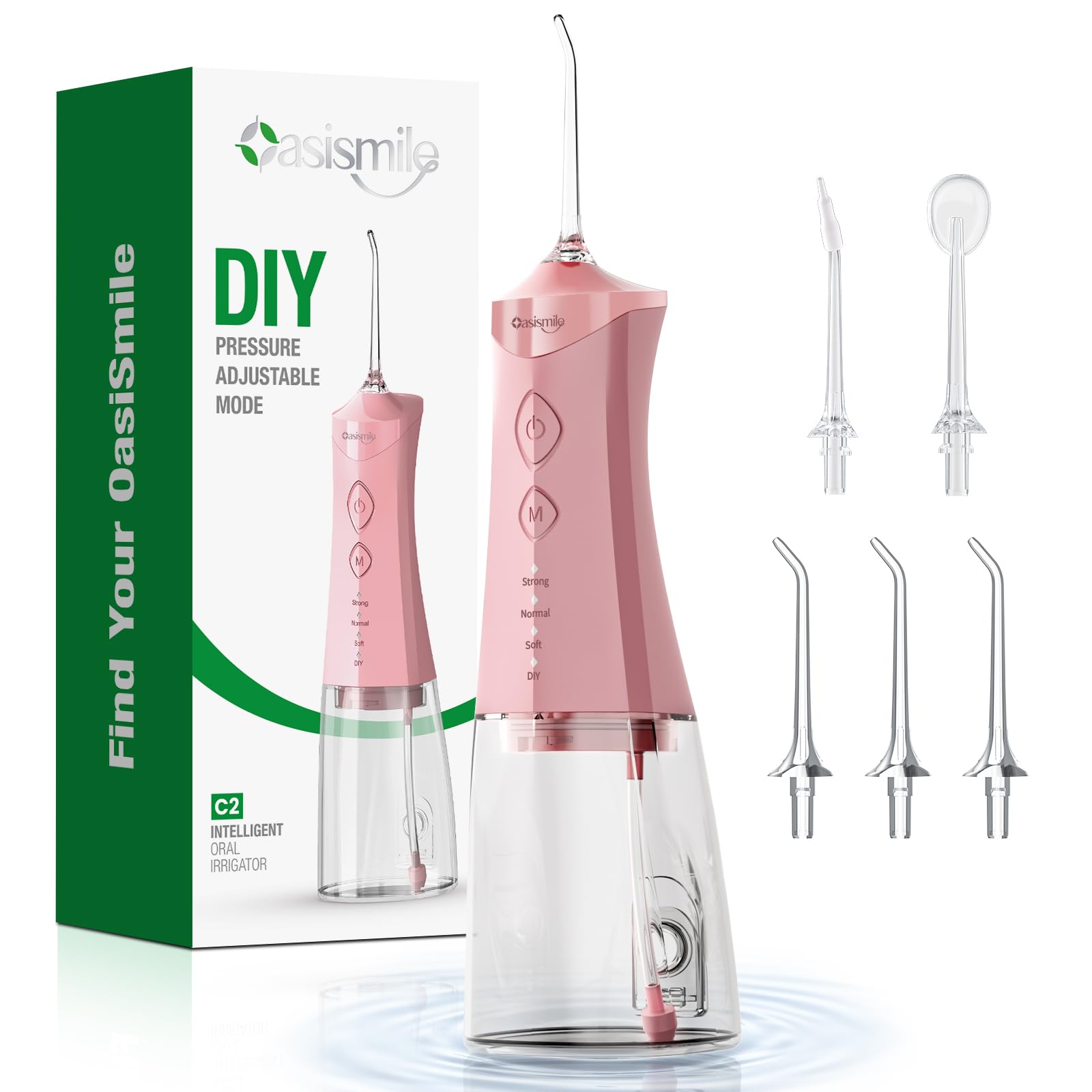 OasiSmile Irrigador Dental Portátil, 350 ML Irrigador Bucal con Tecnología DIY Autoajustable, 5 Boquillas y 4 Modos, Ideal para Ortodoncia y Encías Sensibles, IPX7 Recargable para Viaje Hogar, Rosa
