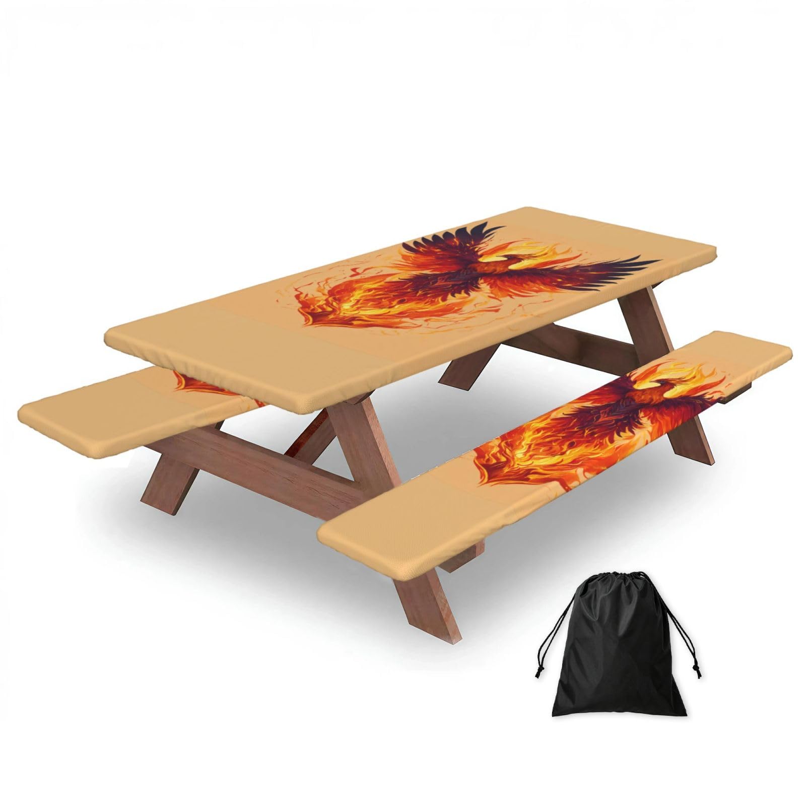 Zyjhyy Black Phoenix Print Party Table Covers With Bench Covers Set Of 3 Picnic Table Cloth Wipe Clean For Garden Camping