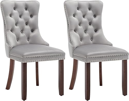 Miniatura 11 de Juego de 4 sillas de comedor de terciopelo, sillas de comedor tapizadas con ribete con tachuelas y tirador de anillo, sillas con respaldo alado con