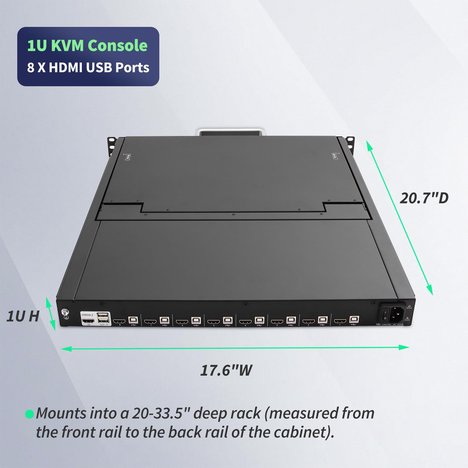 Rack Mount KVM Console HDMI 8 Port, Full HD 1920x1080 17.3'' Rackmount Monitor, OSD Buttons Hotkeys Switching, 1U Rack KVM Switch with Touchpad Keyboard, Includes 8 HDMI USB KVM Cables