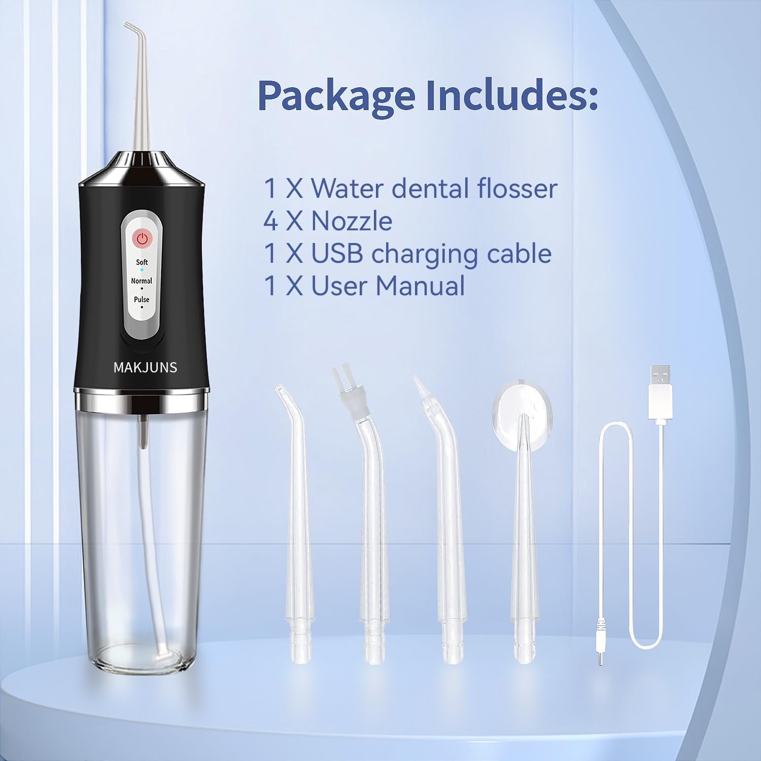 Irrigador dental de agua, portátil, inalámbrico, recargable, limpiador de riego de viaje, 3 modos, 4 chorros, IPX7, impermeable, eléctrico (negro)