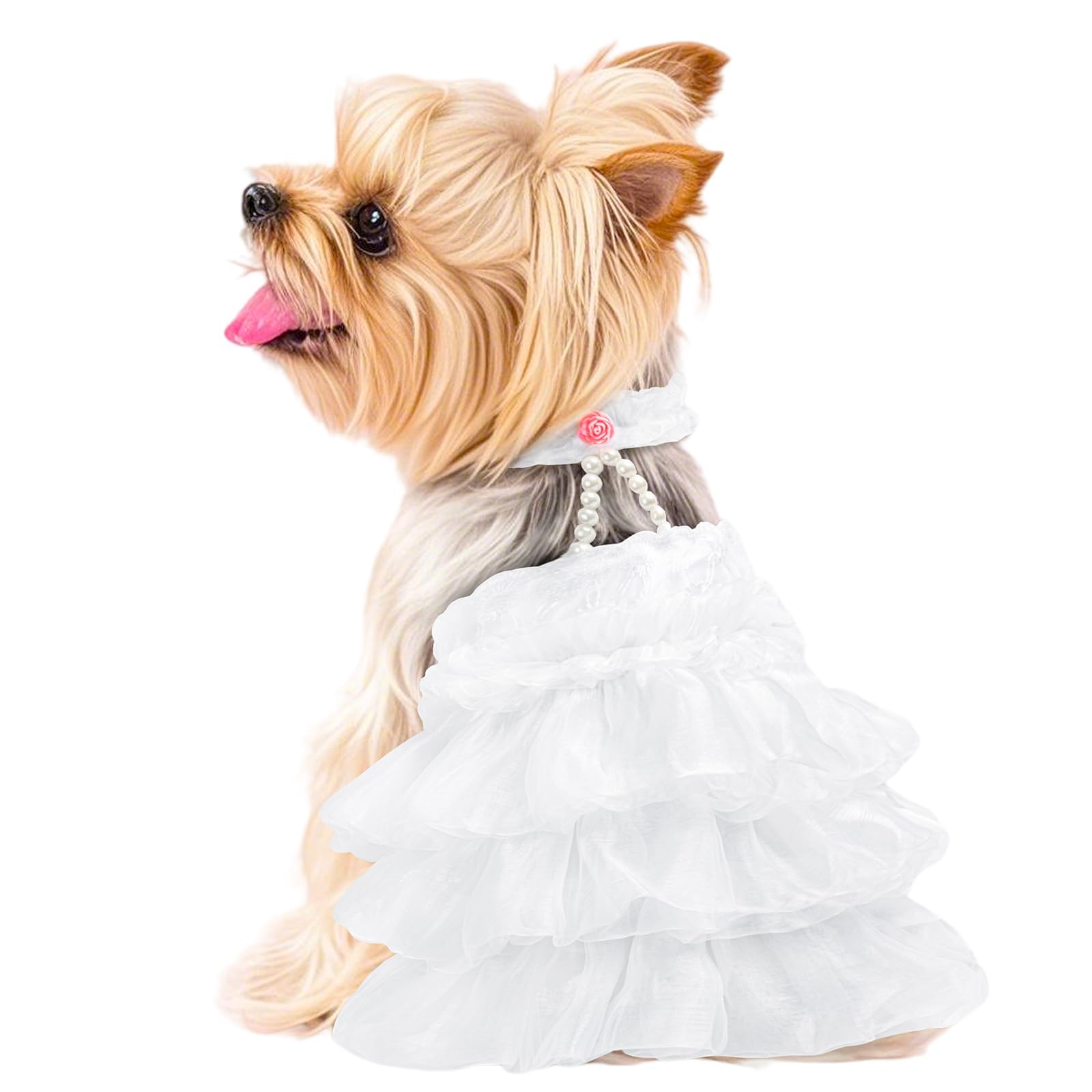 Dog Wedding Dress Bride Outfit with Pearl Necklace and Rose Pet Princess Dress Apparel for Puppy Dog Cat (Small)