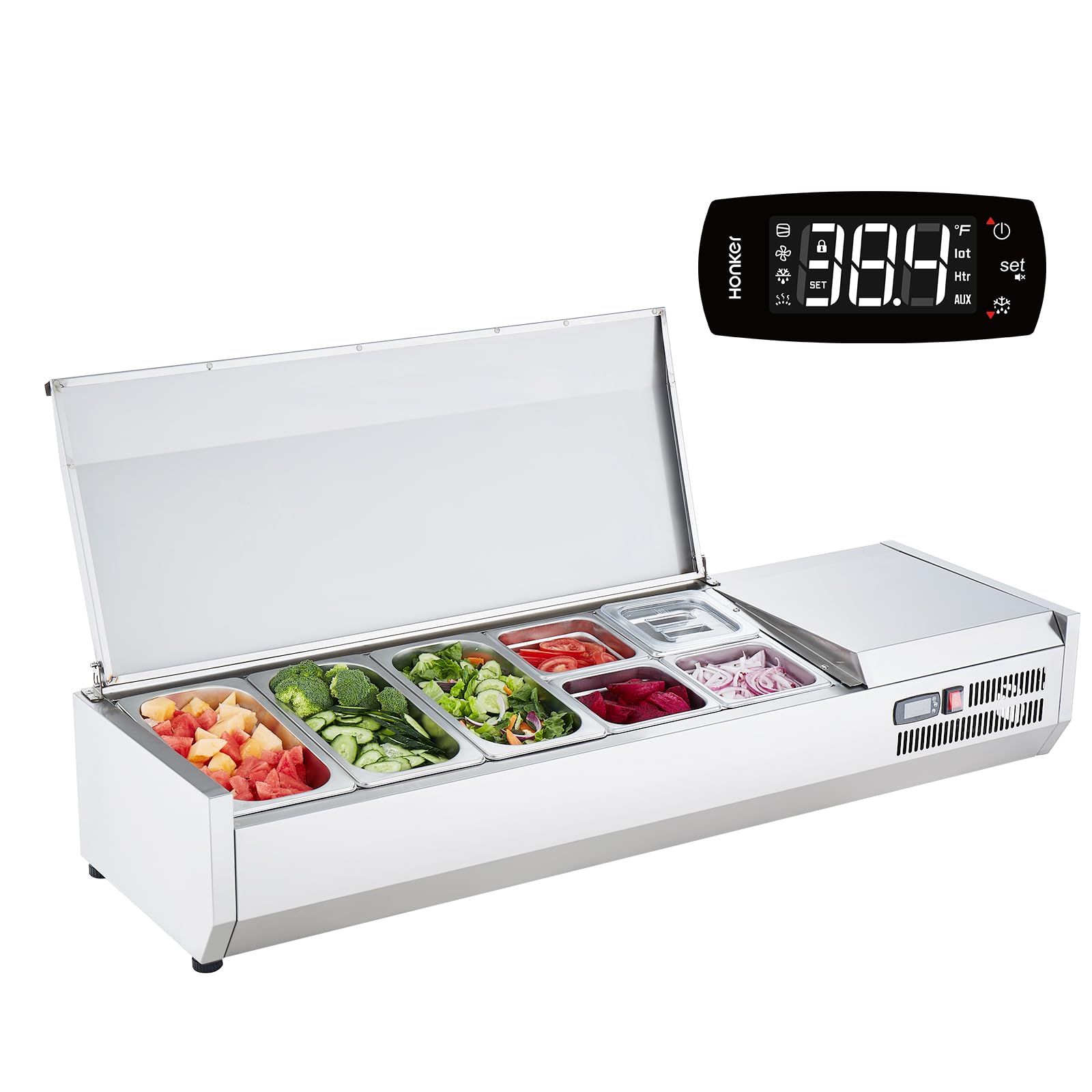 VEVOR Saladette Réfrigérée à Poser 150 W, Vitrine Réfrigérée pour Pizzeria, avec 3 1/3 Casseroles et 4 1/6 Casseroles, Corps en Inox 304, Couvercle en PC, Protection en Inox, pour Ingrédients