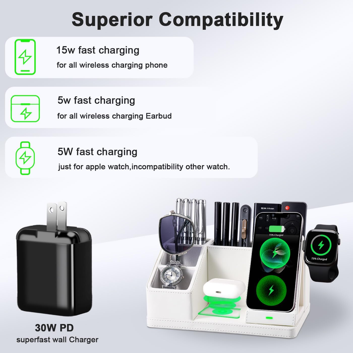 Leather Pen Organizer, Multi-Functional Pencil Holder for Desk, Desk Organizers and Accessories for Office Art Supplies,desk organizer with phone stand/charger,Birthday Gifts for Women/Men