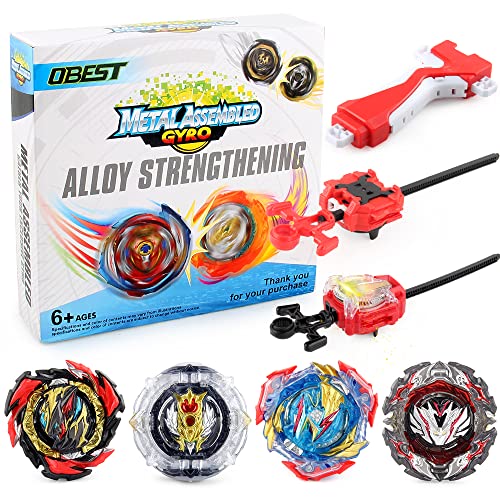 OBEST Bley Peonzas de Batalla con Lanzador Niños Juguetes Regalos, B-195, B-193, B-192, B-191, 4Pcs Metal Fusion de Combate Estallido Turbo Burst Gyro Spinners y 2 Launchers Blade Set