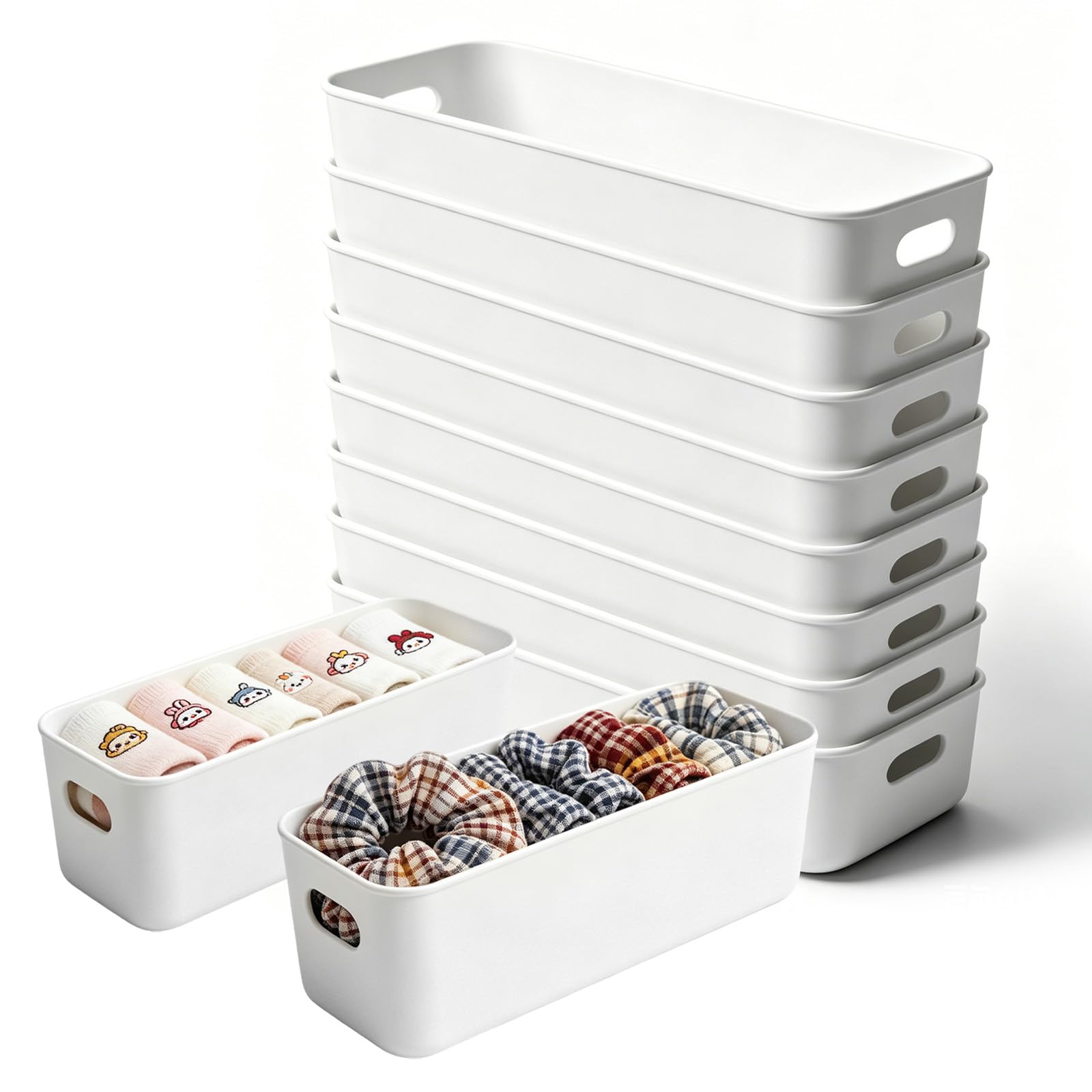 10 PCS White Narrow Plastic Storage, Rectangular Narrow Cupboard Organiser Boxes with Handles, Storage Containers for Kitchen, Home, Office, Bathroom, 28 ×10 × 9.5 CM