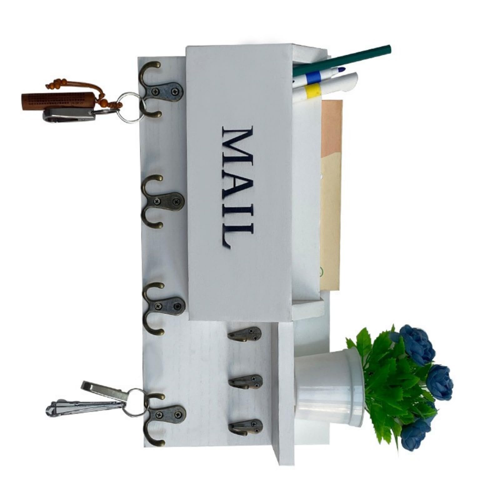 Kaeltsyn Wooden Wall Hanging Mail Holder with 4 Double Hooks and 3 Single Hooks Storage Rack for Keys Accessories Wall Mounted Mail Planner
