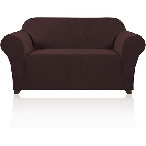 PrinceDeco Stretch Loveseat Sofa Cover Slipcover Couch Cover for 2 Cushion Sofa Washable Sofa Cover for Pets Friendly Furniture Protector Covers with Non Slip Bottom(Loveseat, Brown)