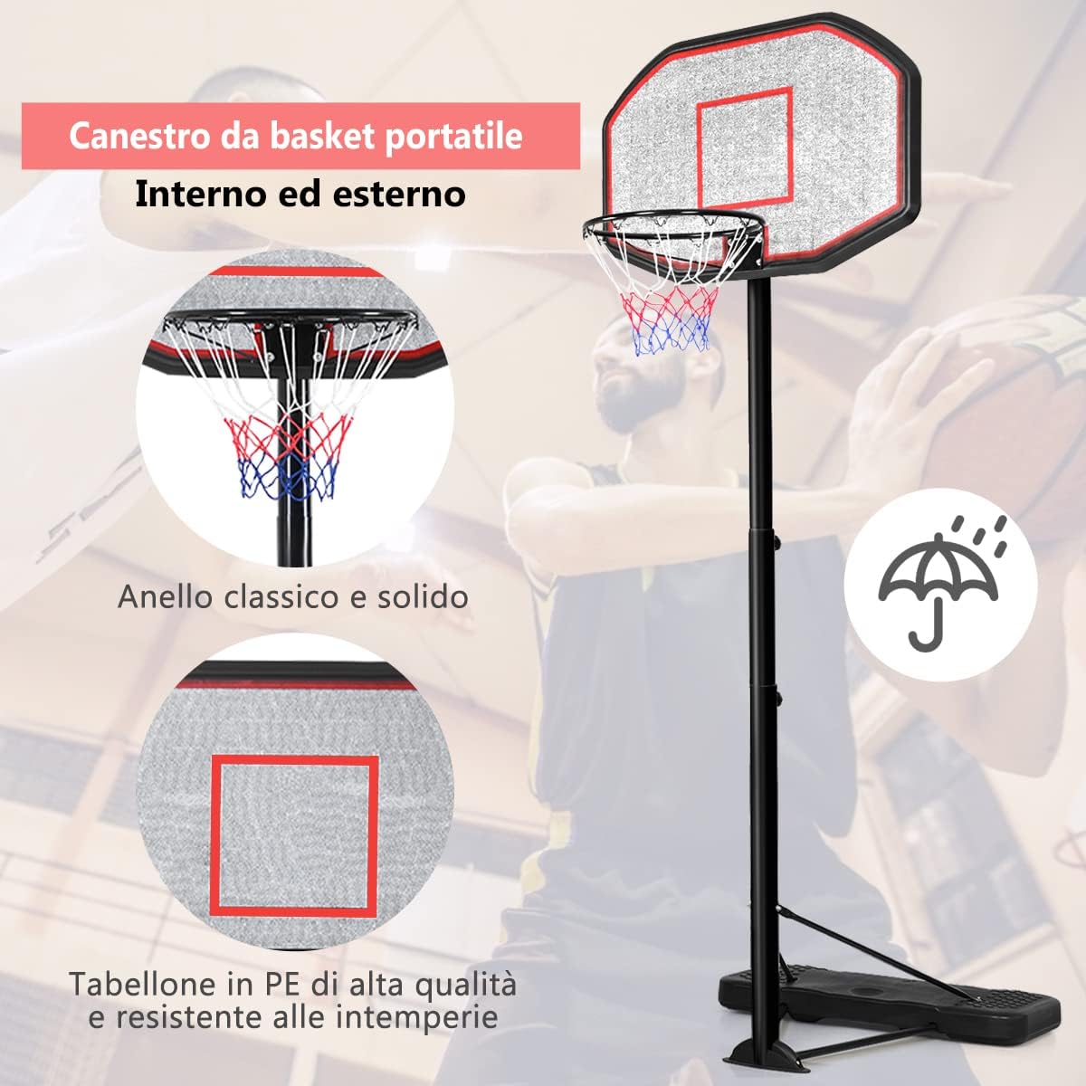 COSTWAY Canestro da Basket Regolabile in Altezza da 200 a 305 cm, Canestro da Basket da Esterno ed Interno Portatile con Base Riempibile e Ruote