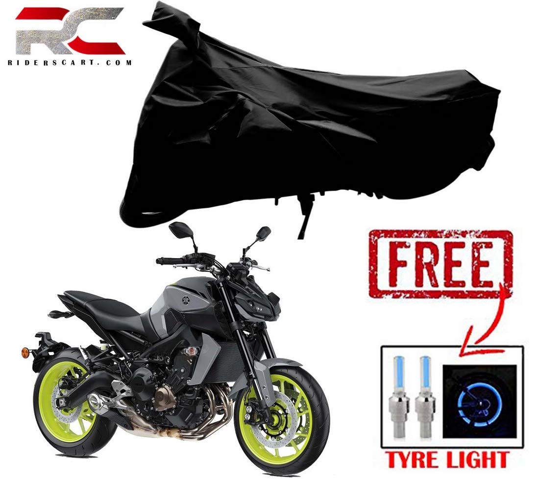 Riderscart 100% Waterproof, Dustproof & UV Protection Bike Cover Combo with Motion Censoring Blue Tyre Light and Storage Bag Body Covers for Yamaha MT-09 - Black